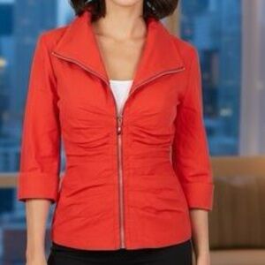Joseph Ribkoff jacket 3/4 sleeve Red Zip-Up cardigan top ruched stretch *read 18